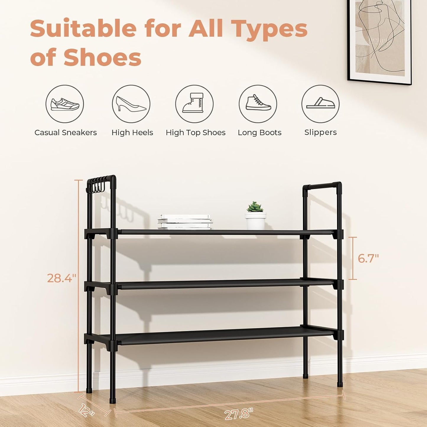 3-Tier Shoe Rack - Organizer with 5 Hooks, Long Shelf Storage for Shoes & Boots - Stackable, Free Standing - Entryway, Garage, Small Spaces, Dorm - Black
