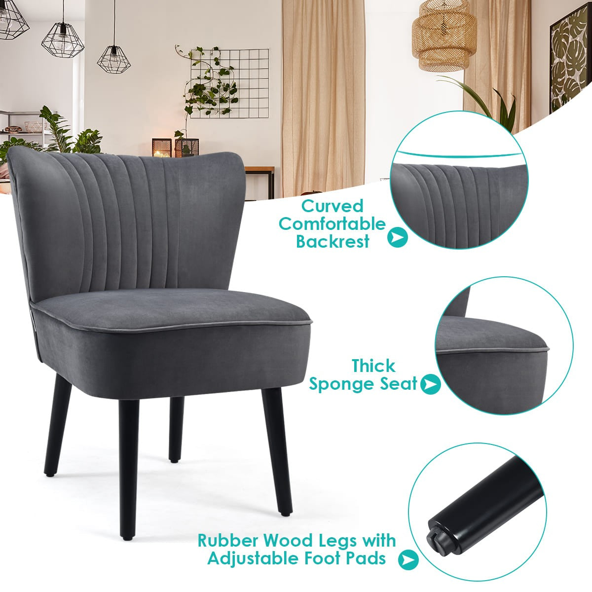COSTWAY Velvet Accent Chair Set of 2 Modern Leisure Chair Armless Chair