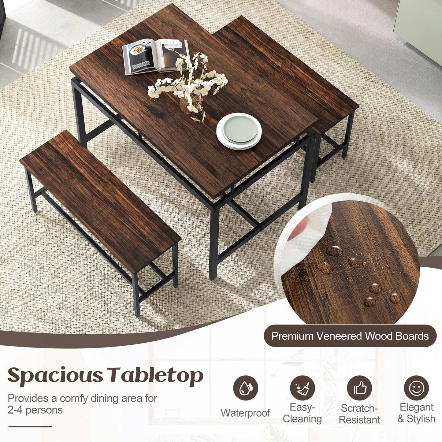 COSTWAY 3 PCS Kitchen Dining Room Furniture Set W/ 108Cm Wooden Kitchen Table