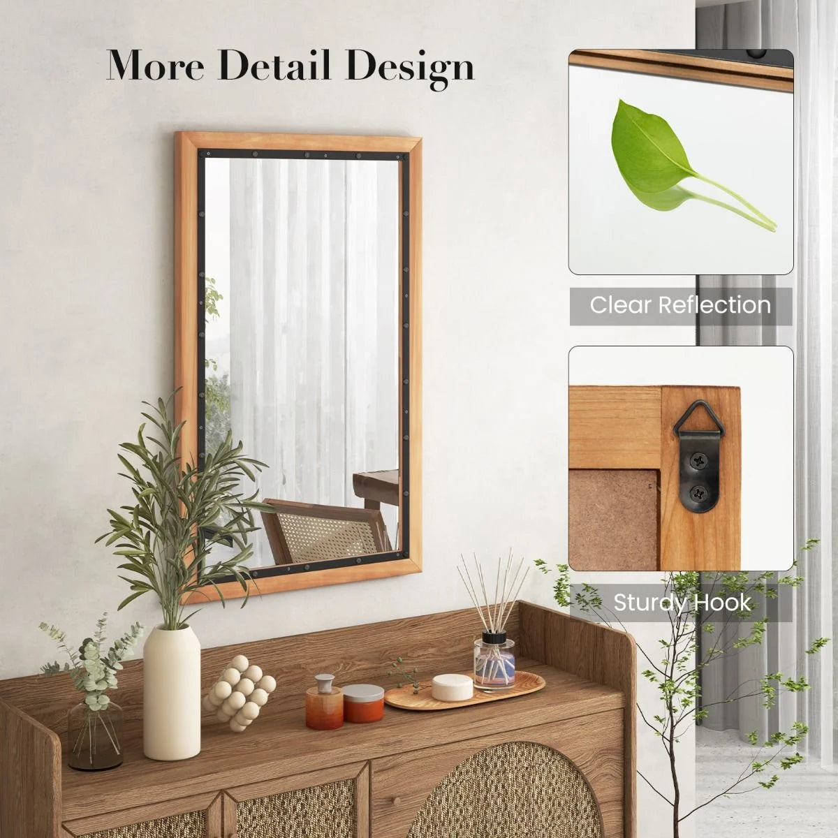 Wall Mounted Mirror with Wood Rectangular Frame Back Board
