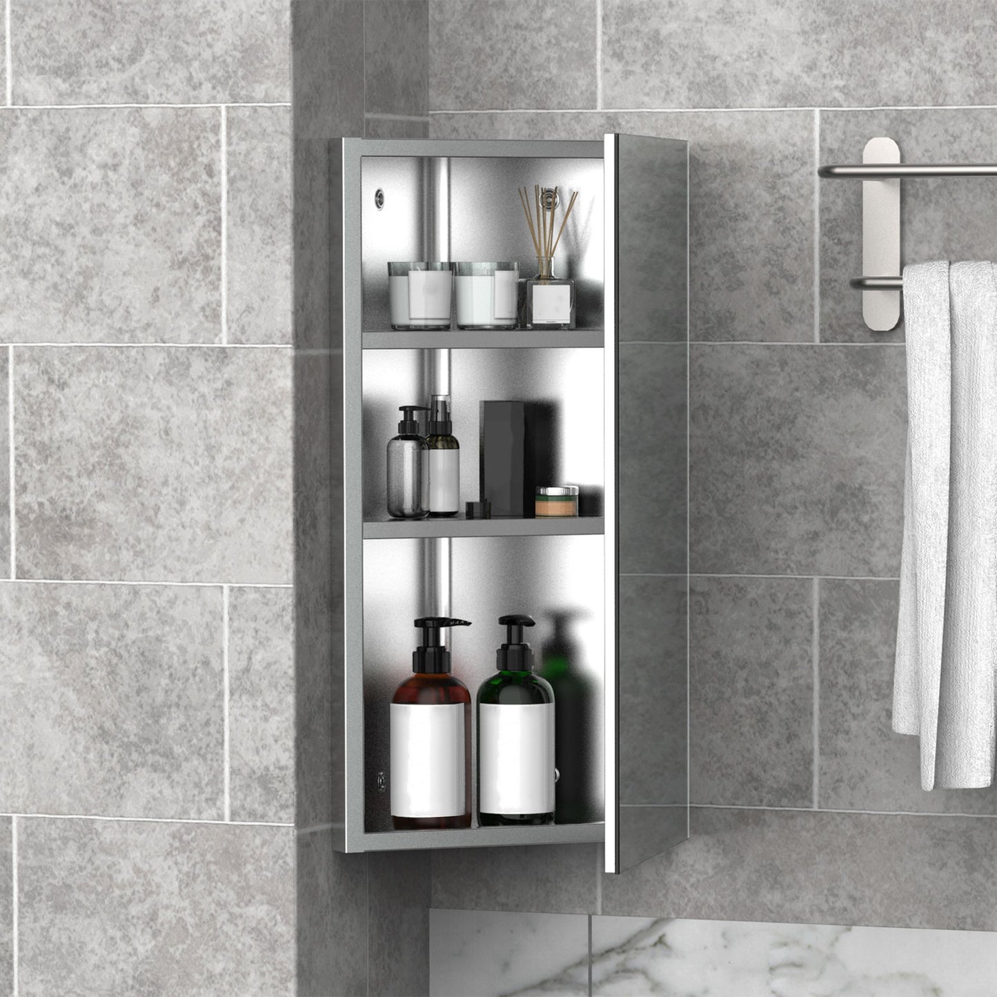 HOMCOM Bathroom Corner Wall Mirror Storage Cabinet Cupboard Stainless Steel