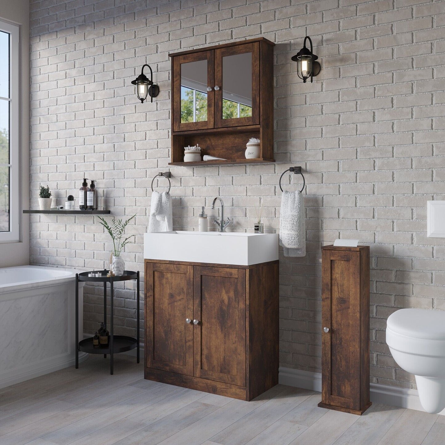 3Pc Bathroom Wood Unit under Sink Cabinet Mirror Cupboard Toilet Paper Dispenser