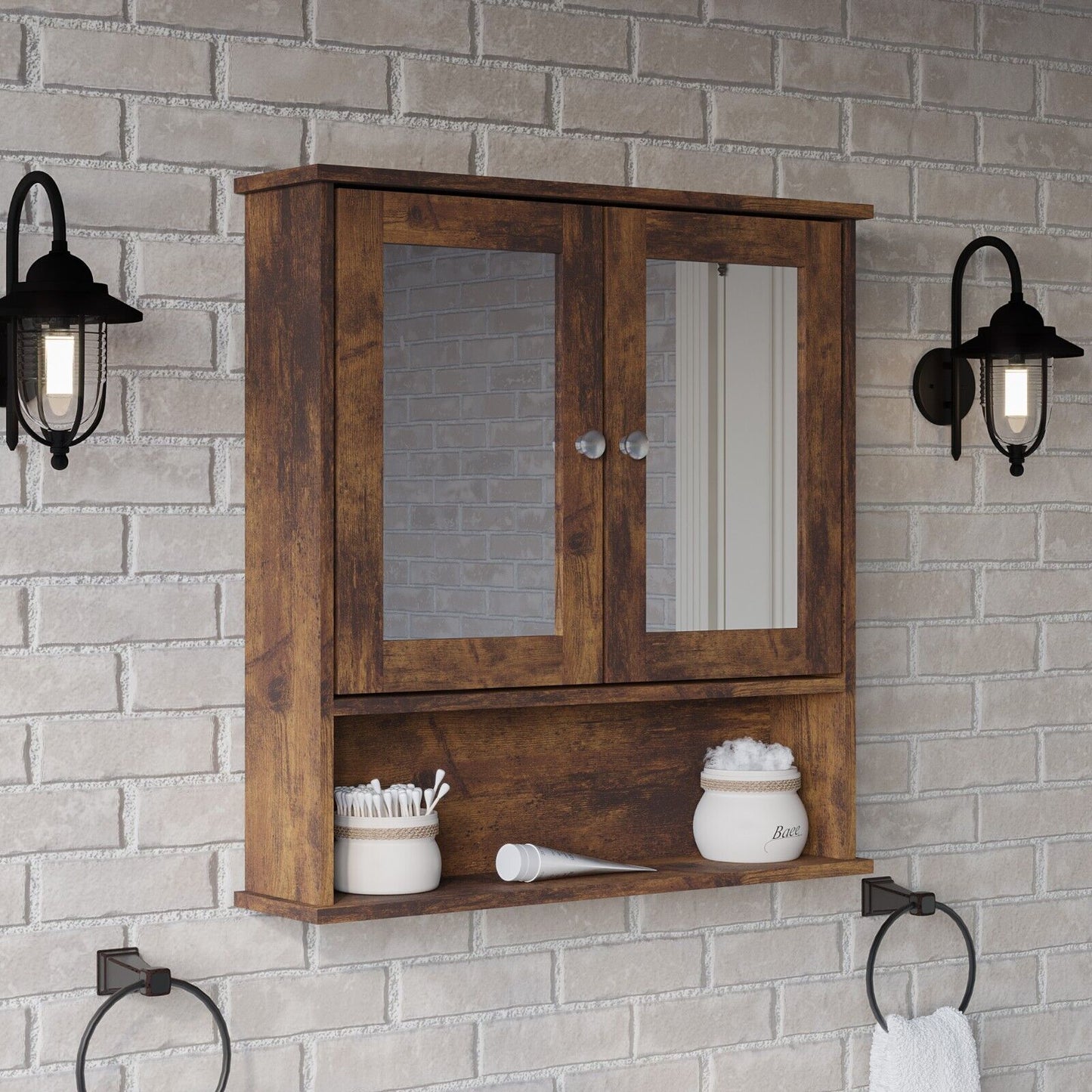 3Pc Bathroom Wood Unit under Sink Cabinet Mirror Cupboard Toilet Paper Dispenser