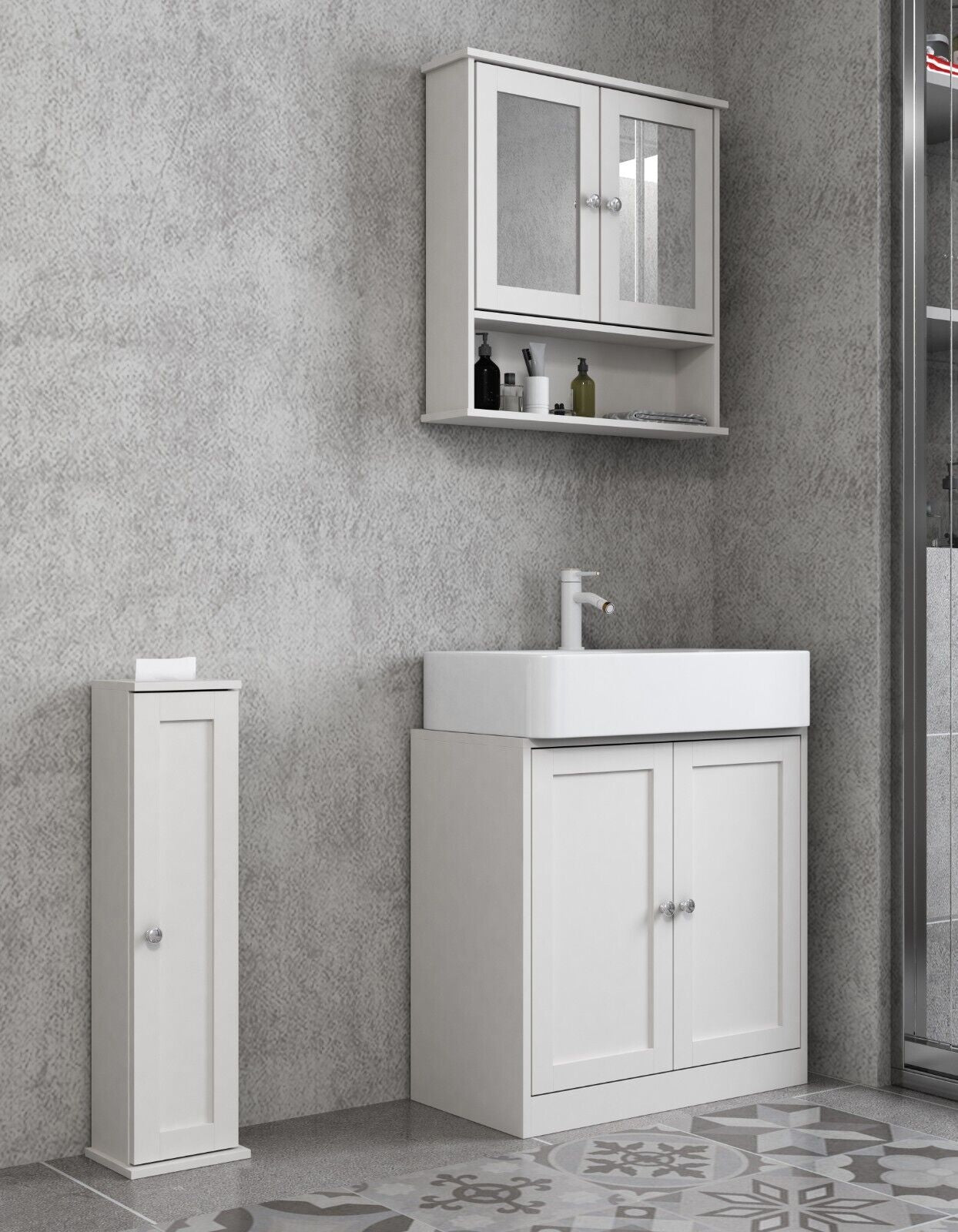3Pc Bathroom Wood Unit under Sink Cabinet Mirror Cupboard Toilet Paper Dispenser