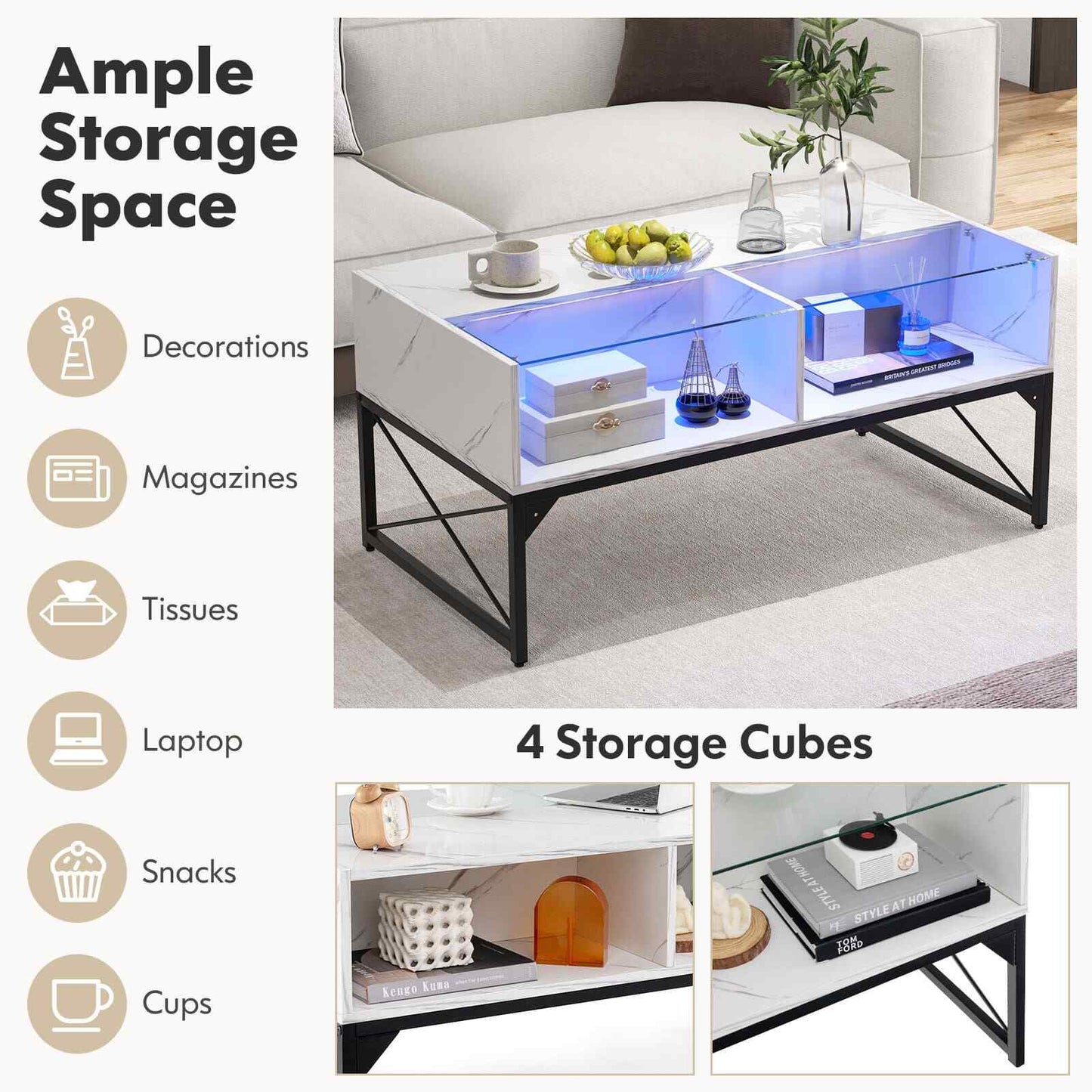 COSTWAY High-Gloss LED Coffee Table Center Table Modern Accent Table