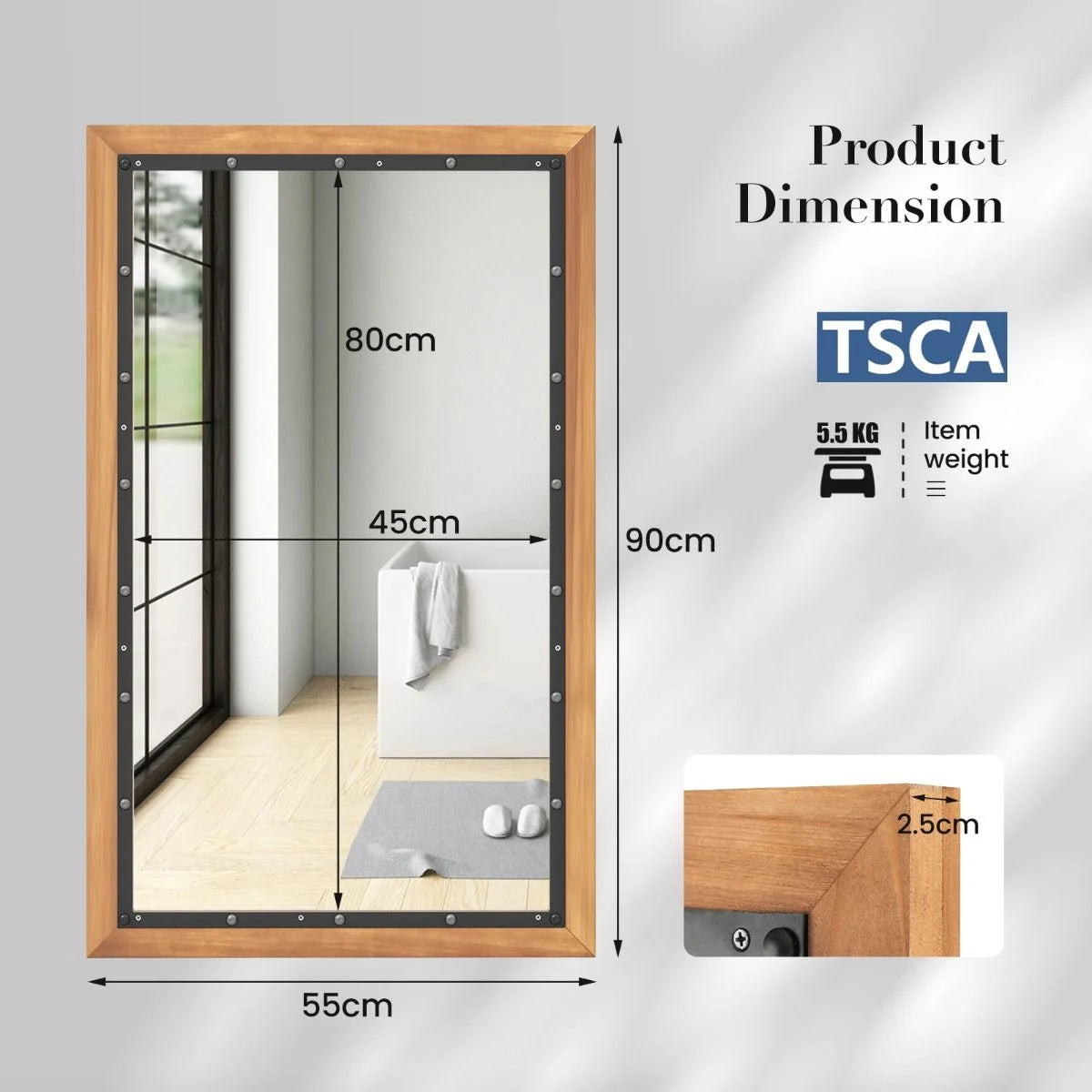 Wall Mounted Mirror with Wood Rectangular Frame Back Board
