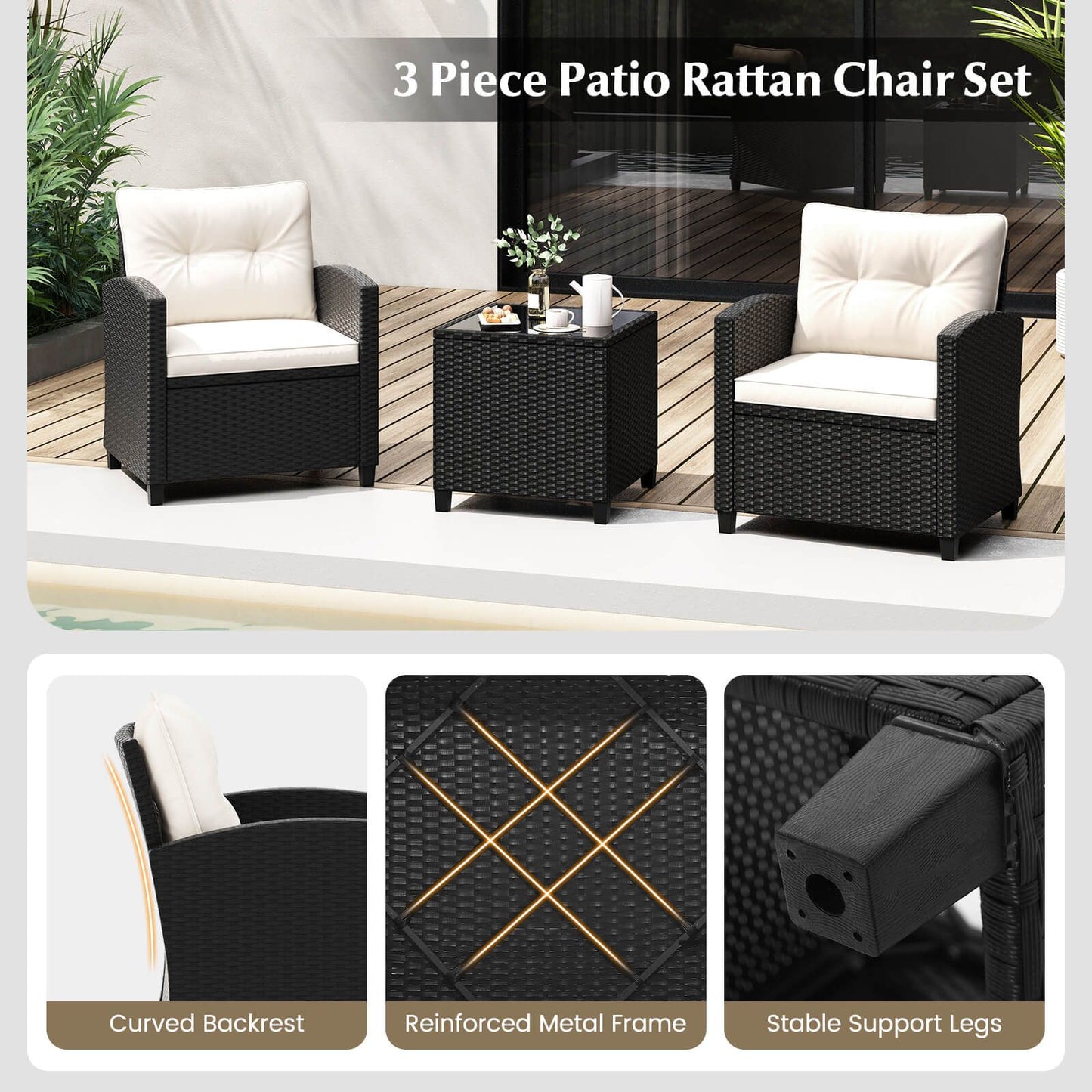 3 Piece Patio Furniture Set Rattan Conversation Set with Seat and Back Cushions