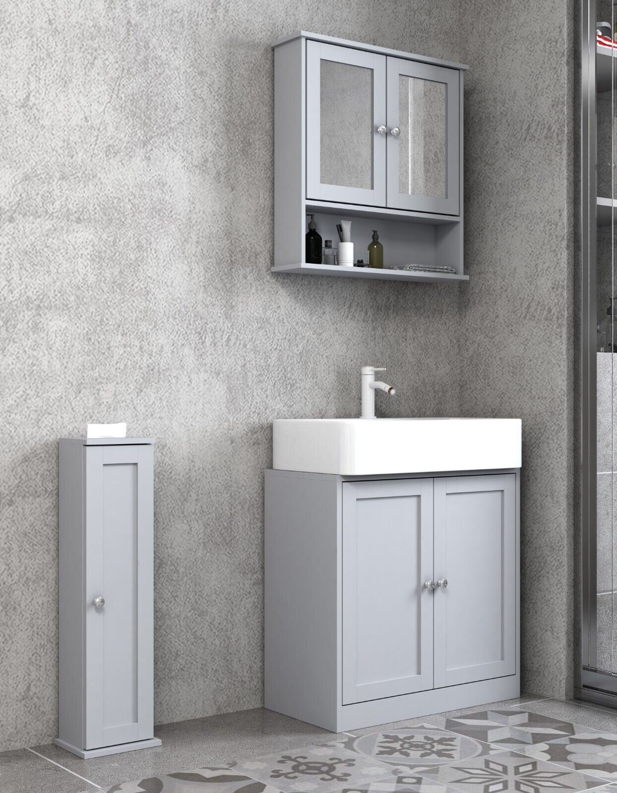 3Pc Bathroom Wood Unit under Sink Cabinet Mirror Cupboard Toilet Paper Dispenser