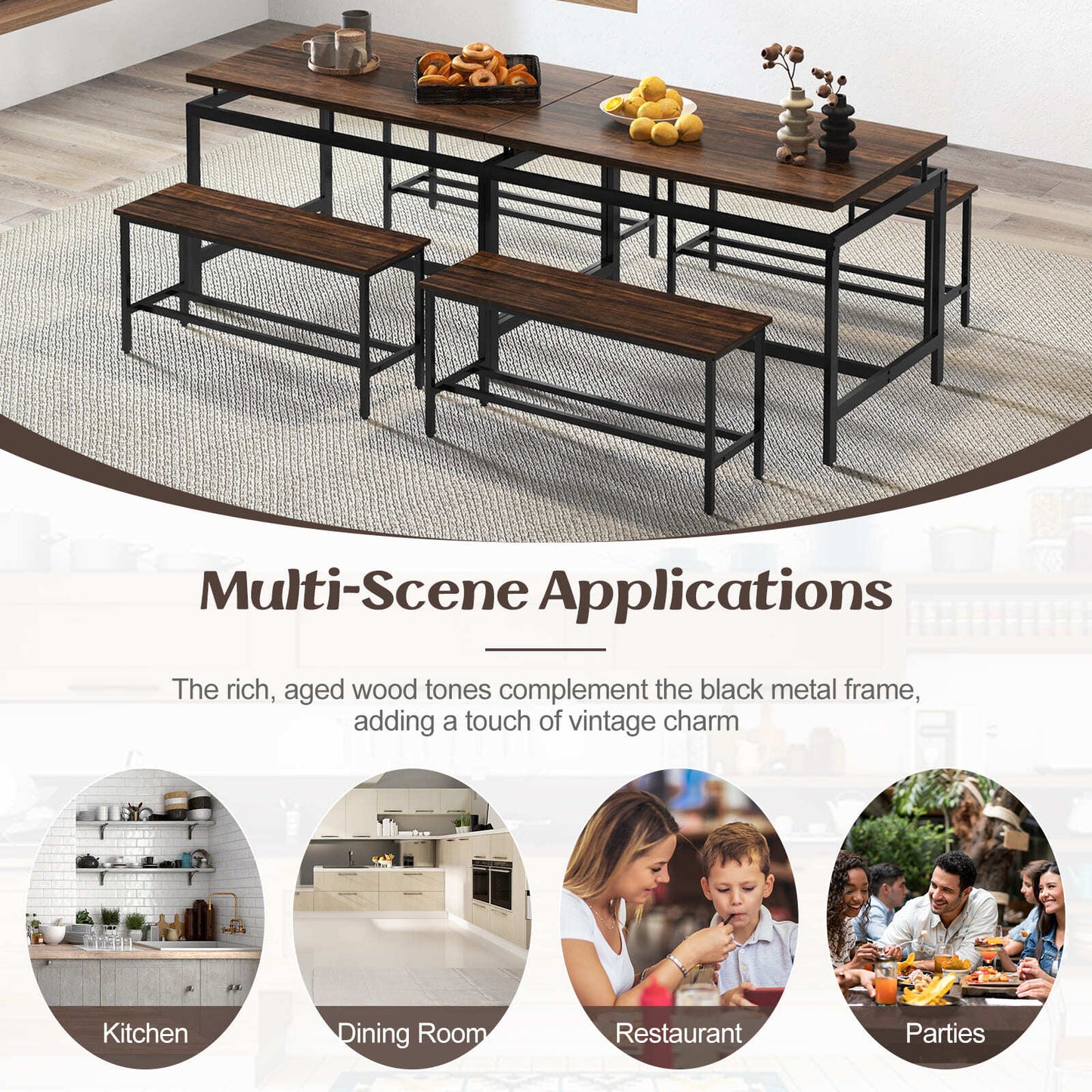 COSTWAY 3 PCS Kitchen Dining Room Furniture Set W/ 108Cm Wooden Kitchen Table
