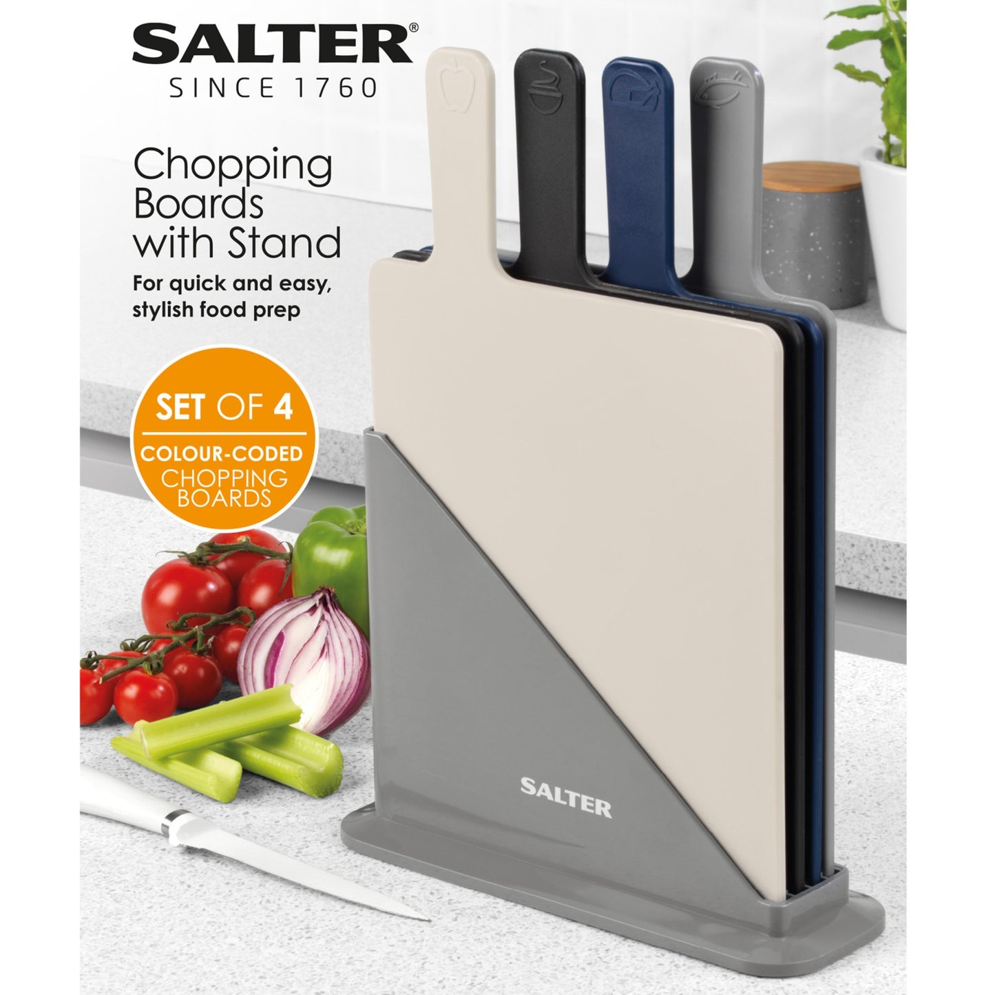 Salter Chopping Boards Set of 4 Charcuterie with Non-Slip Stand Dishwasher Safe