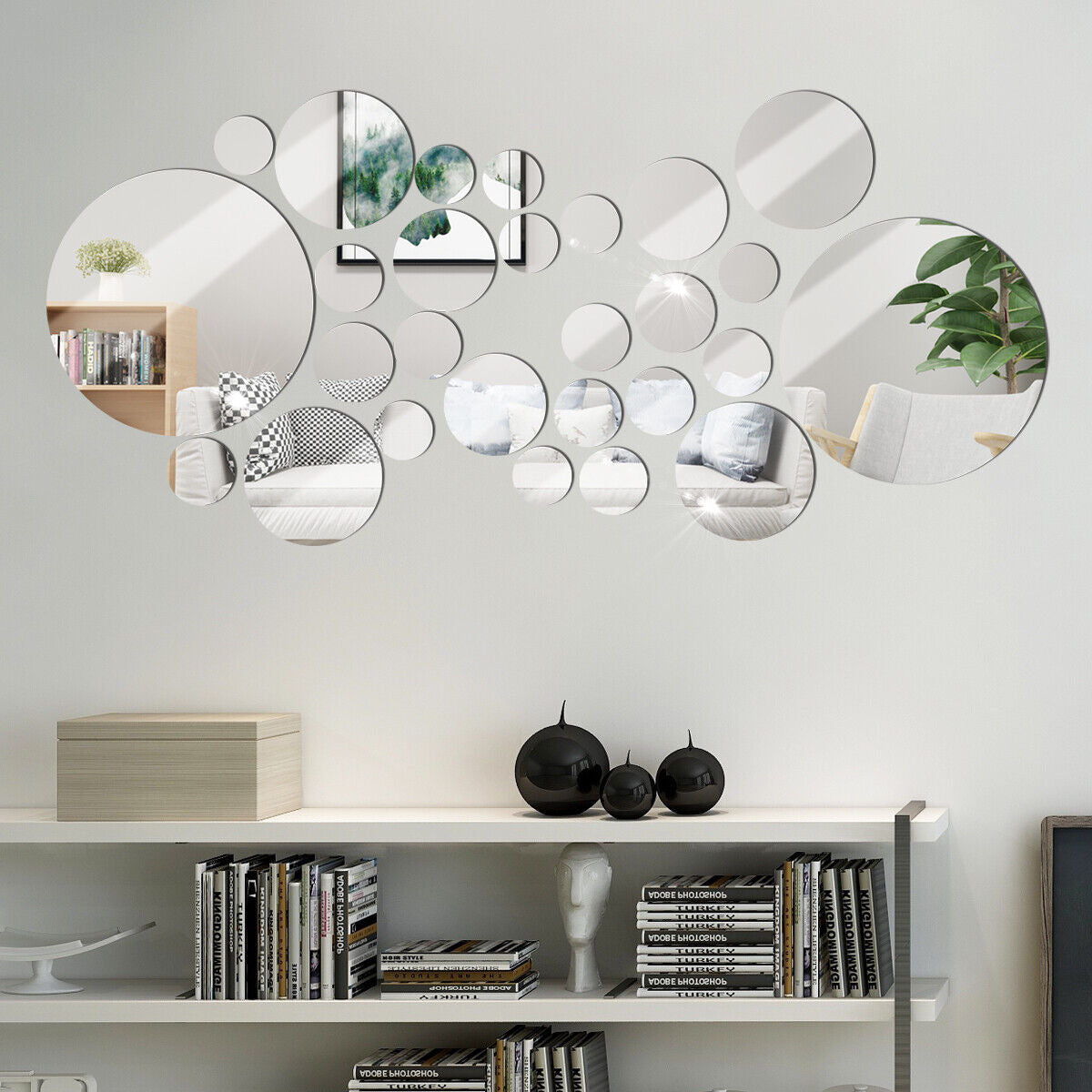 32Pcs Tiles Wall Stickers Circle Mirror Decals Self-Adhesive Bedroom Home Decors