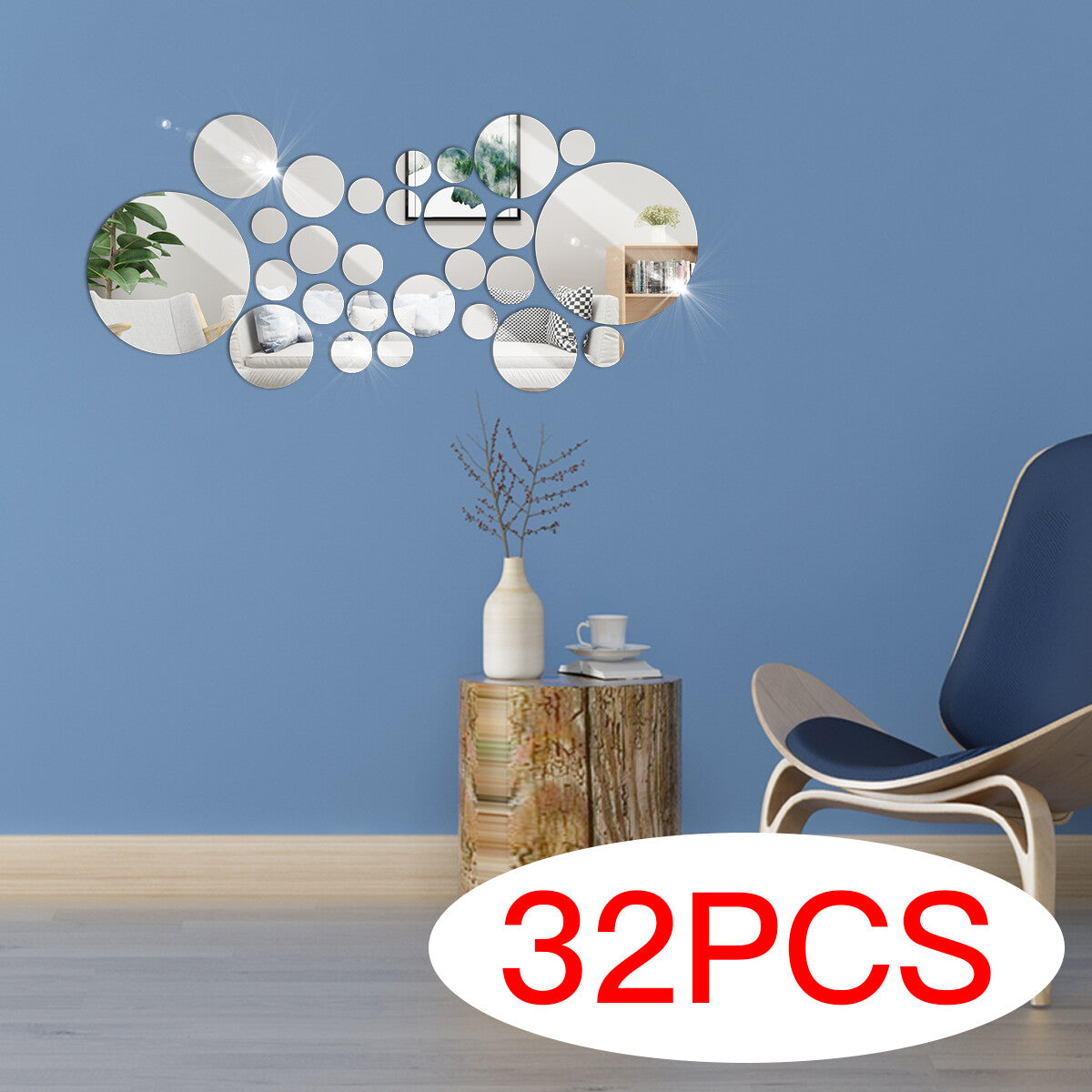 32Pcs Tiles Wall Stickers Circle Mirror Decals Self-Adhesive Bedroom Home Decors