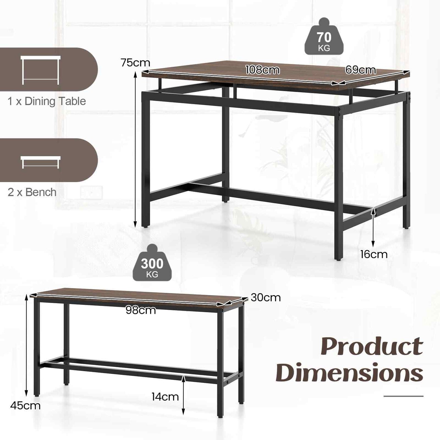 COSTWAY 3 PCS Kitchen Dining Room Furniture Set W/ 108Cm Wooden Kitchen Table