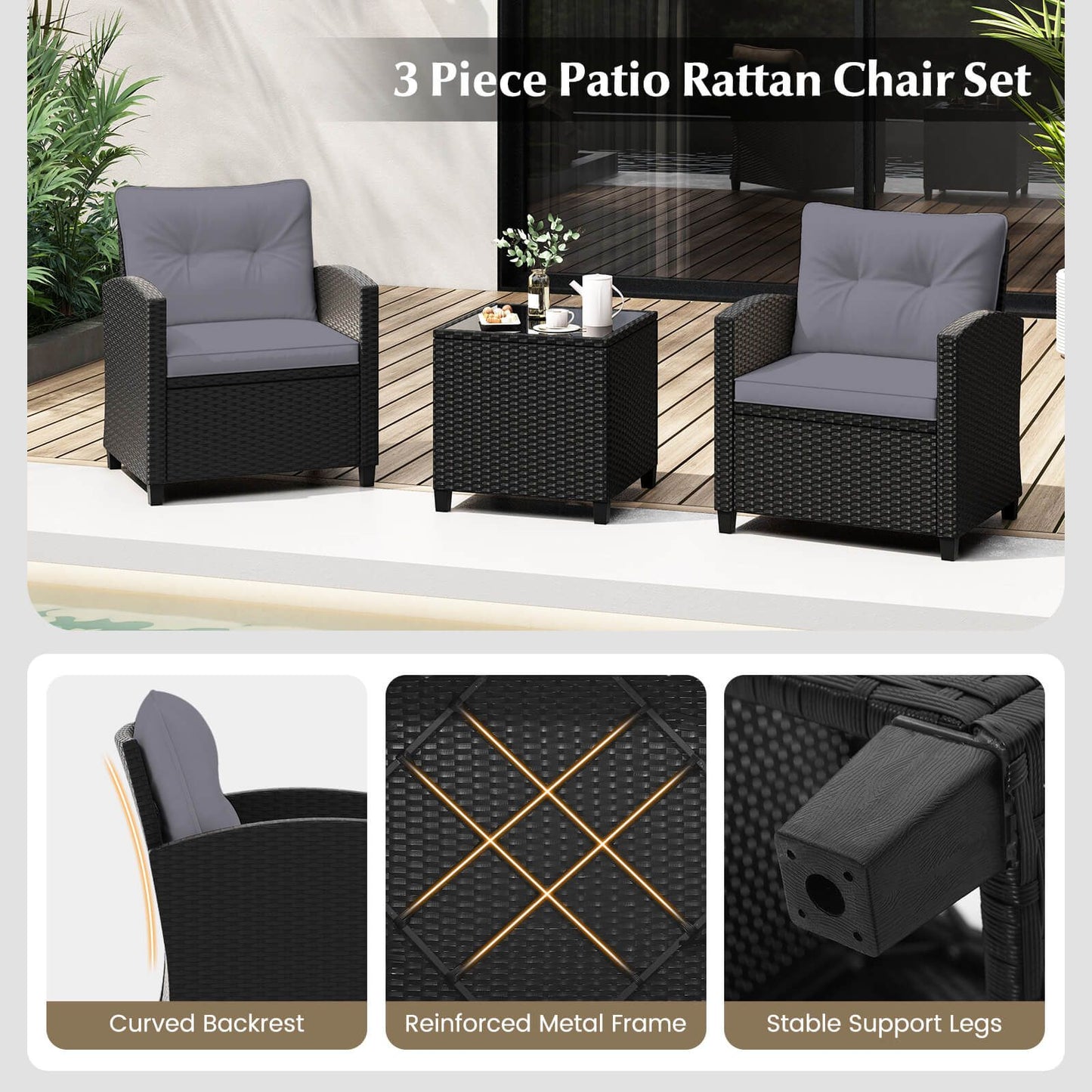 3 Piece Patio Furniture Set Rattan Conversation Set with Seat and Back Cushions