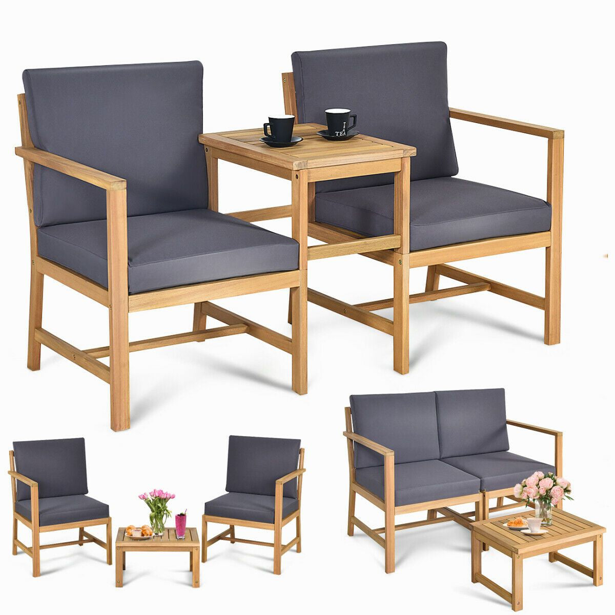 3 Piece Wooden Table and Chair Set with Cushions for Outdoor