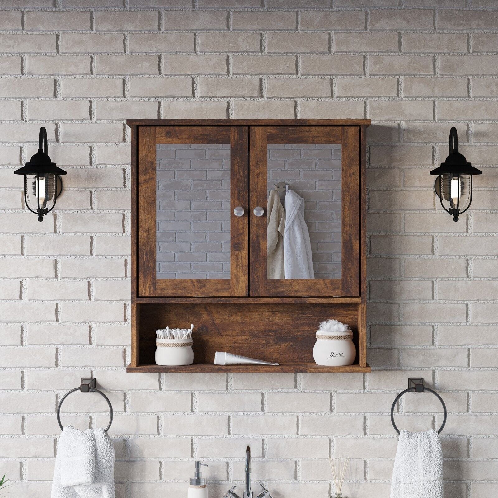3Pc Bathroom Wood Unit under Sink Cabinet Mirror Cupboard Toilet Paper Dispenser
