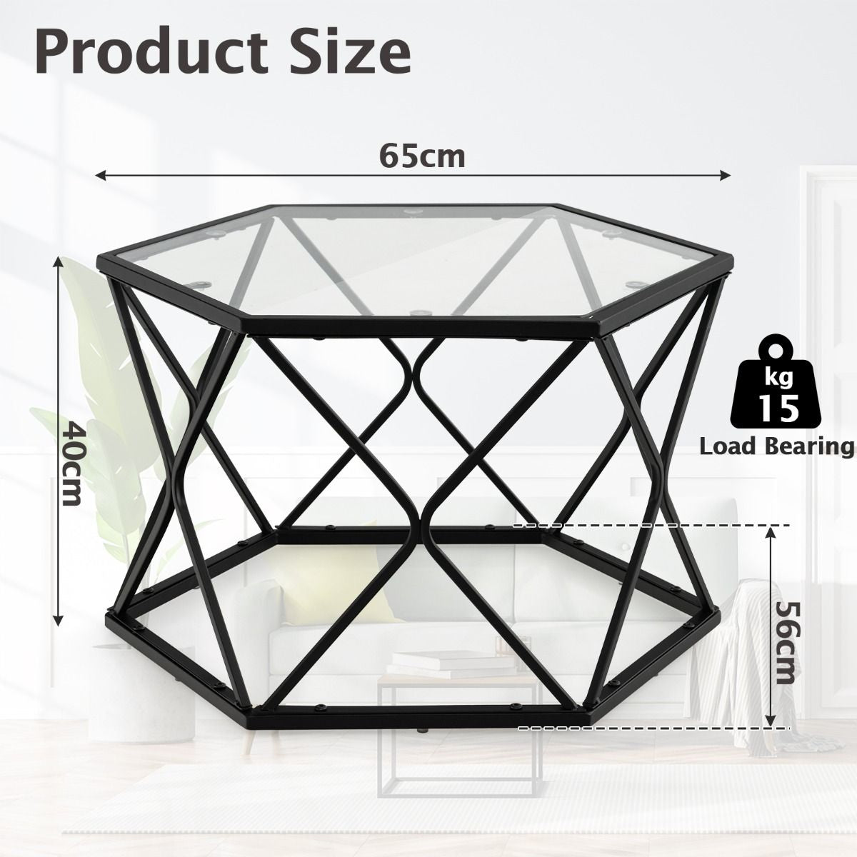Modern Accent Geometric Glass Coffee Table with Solid Metal Frame