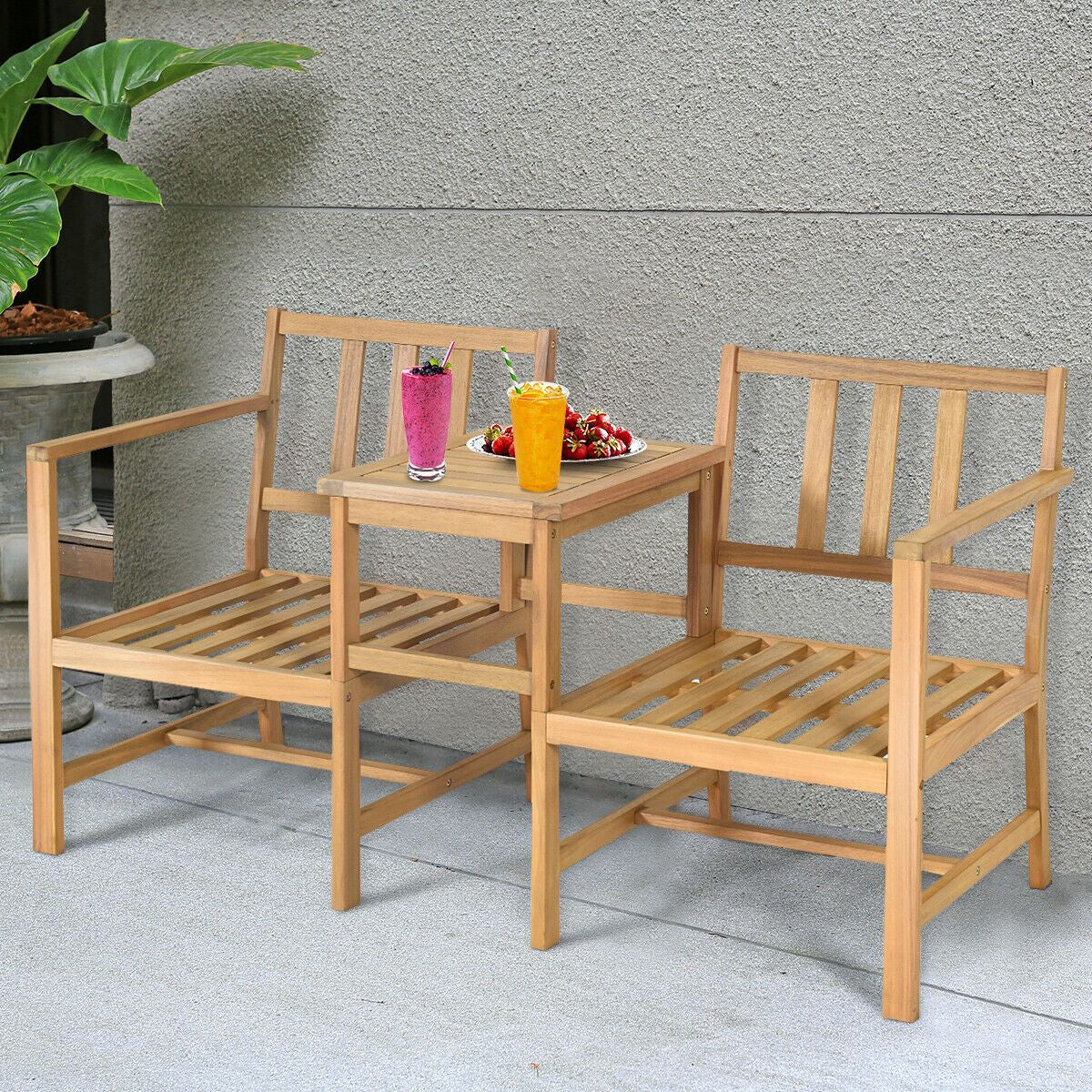 3 Piece Wooden Table and Chair Set with Cushions for Outdoor