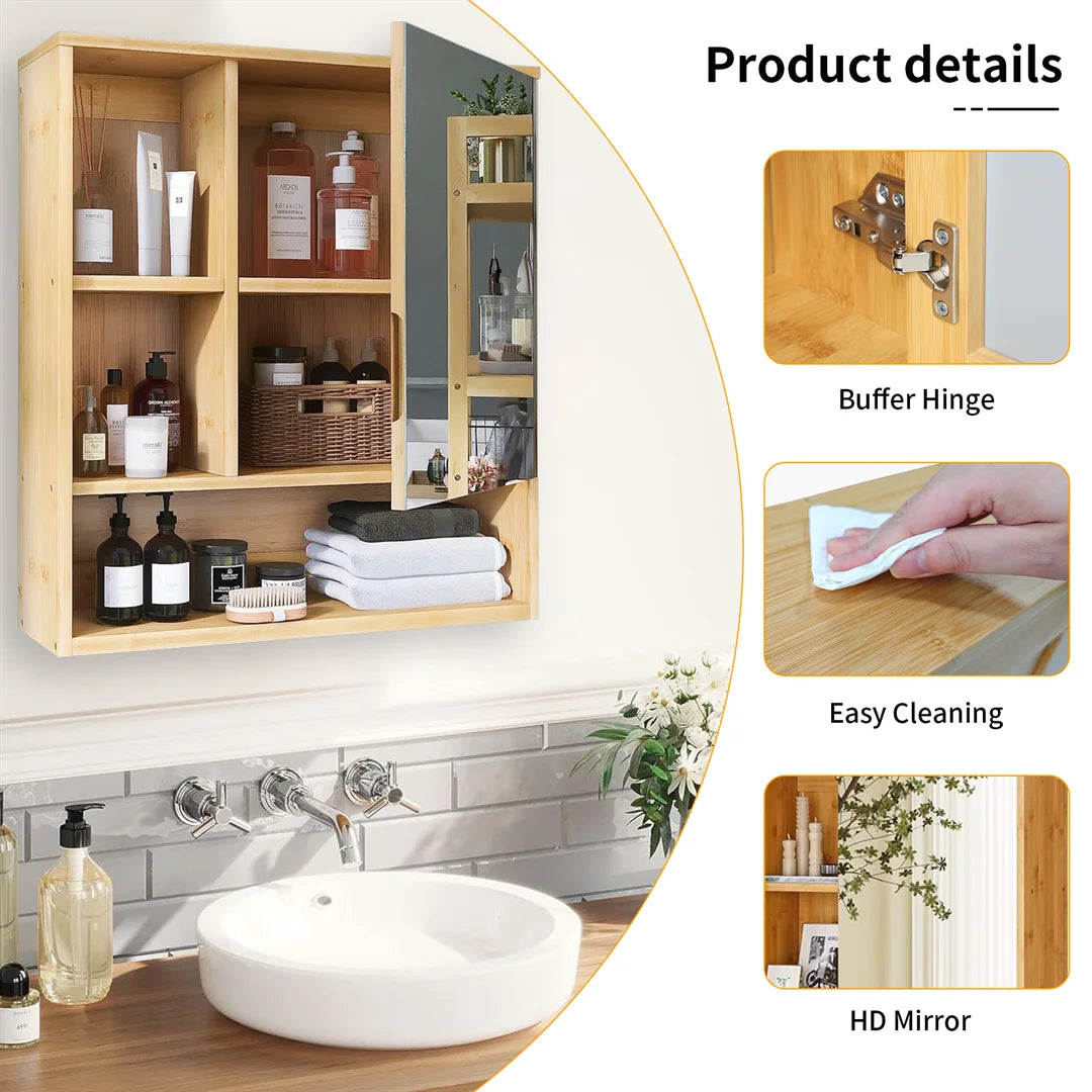 Wood Medicine Cabinet Cupboard Wall Mounted Bathroom Vanity Mirror Cabinet with Spacesaver Storage