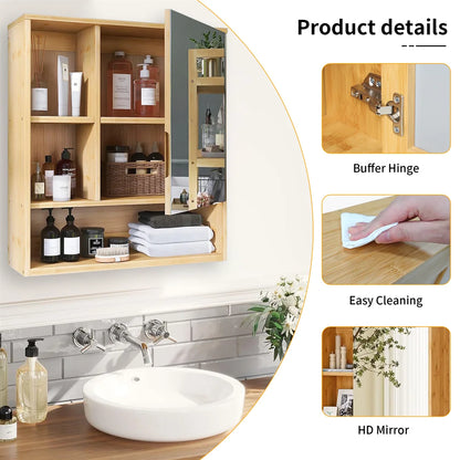 Wood Medicine Cabinet Cupboard Wall Mounted Bathroom Vanity Mirror Cabinet with Spacesaver Storage
