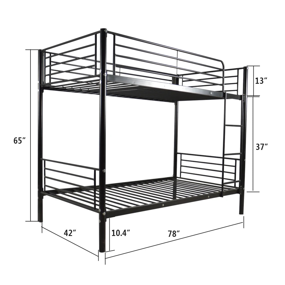 Kids Twin Size Black Iron Bunk Bed with Ladder - Space-Saving, Sturdy Design Bedstead for Children