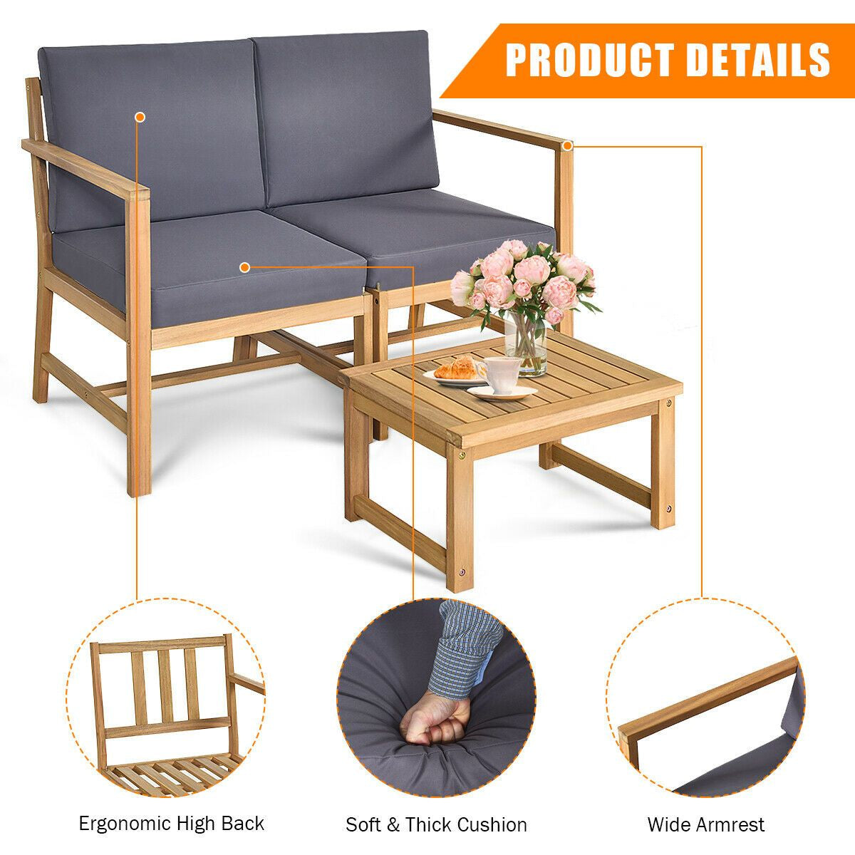 3 Piece Wooden Table and Chair Set with Cushions for Outdoor