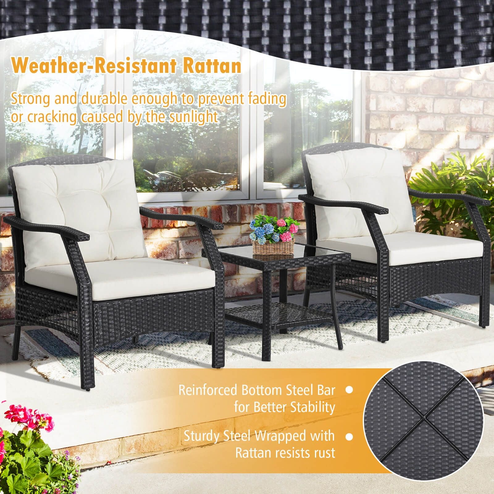 3 Pieces Garden Furniture Set with 2-Tier Tempered Glass Coffee Table