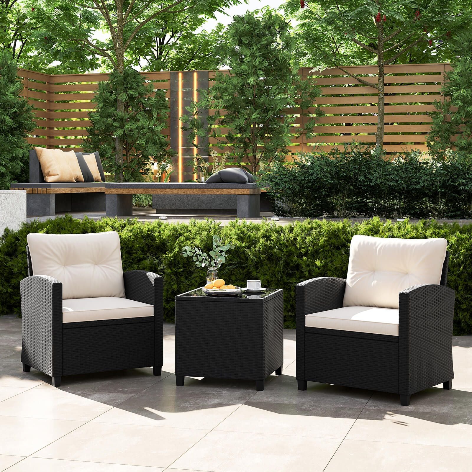 3 Piece Patio Furniture Set Rattan Conversation Set with Seat and Back Cushions