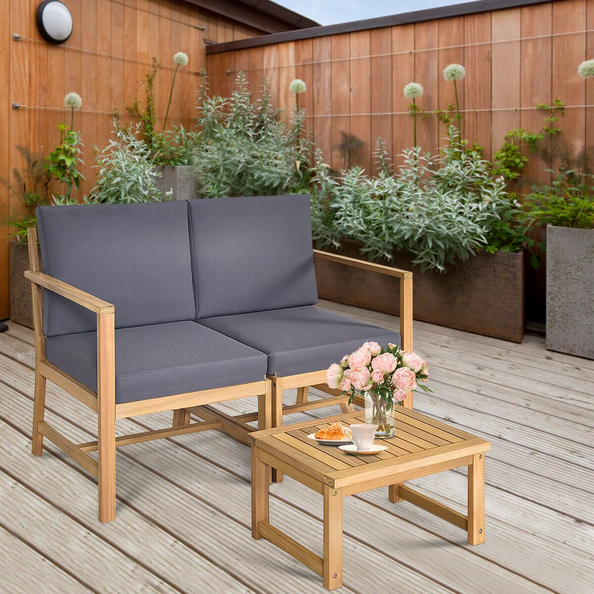 3 Piece Wooden Table and Chair Set with Cushions for Outdoor