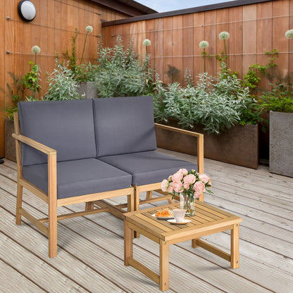 3 Piece Wooden Table and Chair Set with Cushions for Outdoor