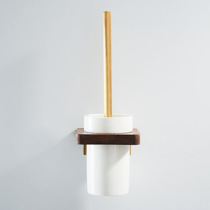 Abloh Luxury Toilet Brush, Holder and Ceramic Bowl Wooden Walnut & Gold