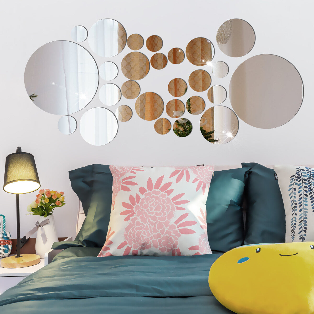32Pcs Tiles Wall Stickers Circle Mirror Decals Self-Adhesive Bedroom Home Decors