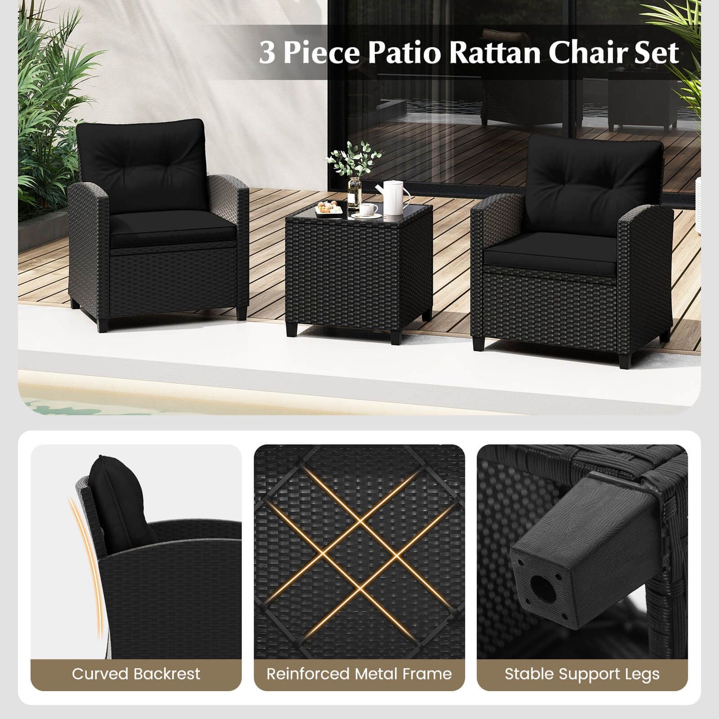 3 Piece Patio Furniture Set Rattan Conversation Set with Seat and Back Cushions