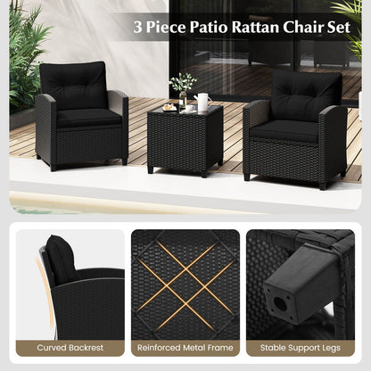 3 Piece Patio Furniture Set Rattan Conversation Set with Seat and Back Cushions