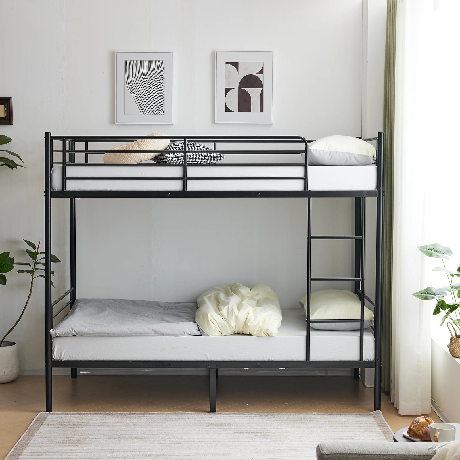 Kids Twin Size Black Iron Bunk Bed with Ladder - Space-Saving, Sturdy Design Bedstead for Children