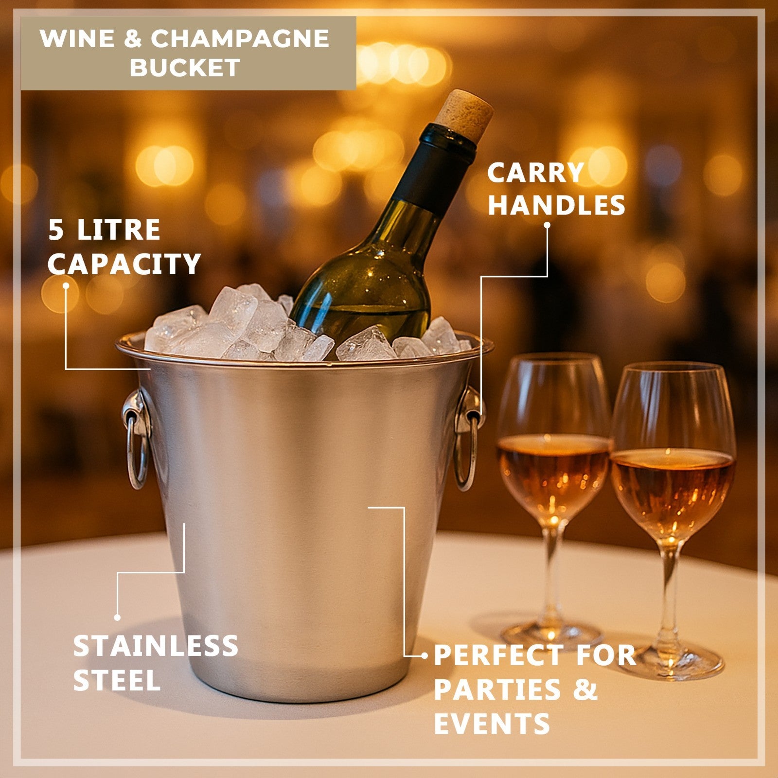 5L Stainless Steel Ice Bucket Champagne Wine Cooler with Handles Bar Pub Party