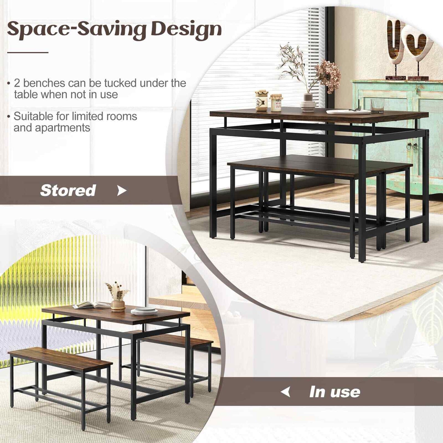 COSTWAY 3 PCS Kitchen Dining Room Furniture Set W/ 108Cm Wooden Kitchen Table