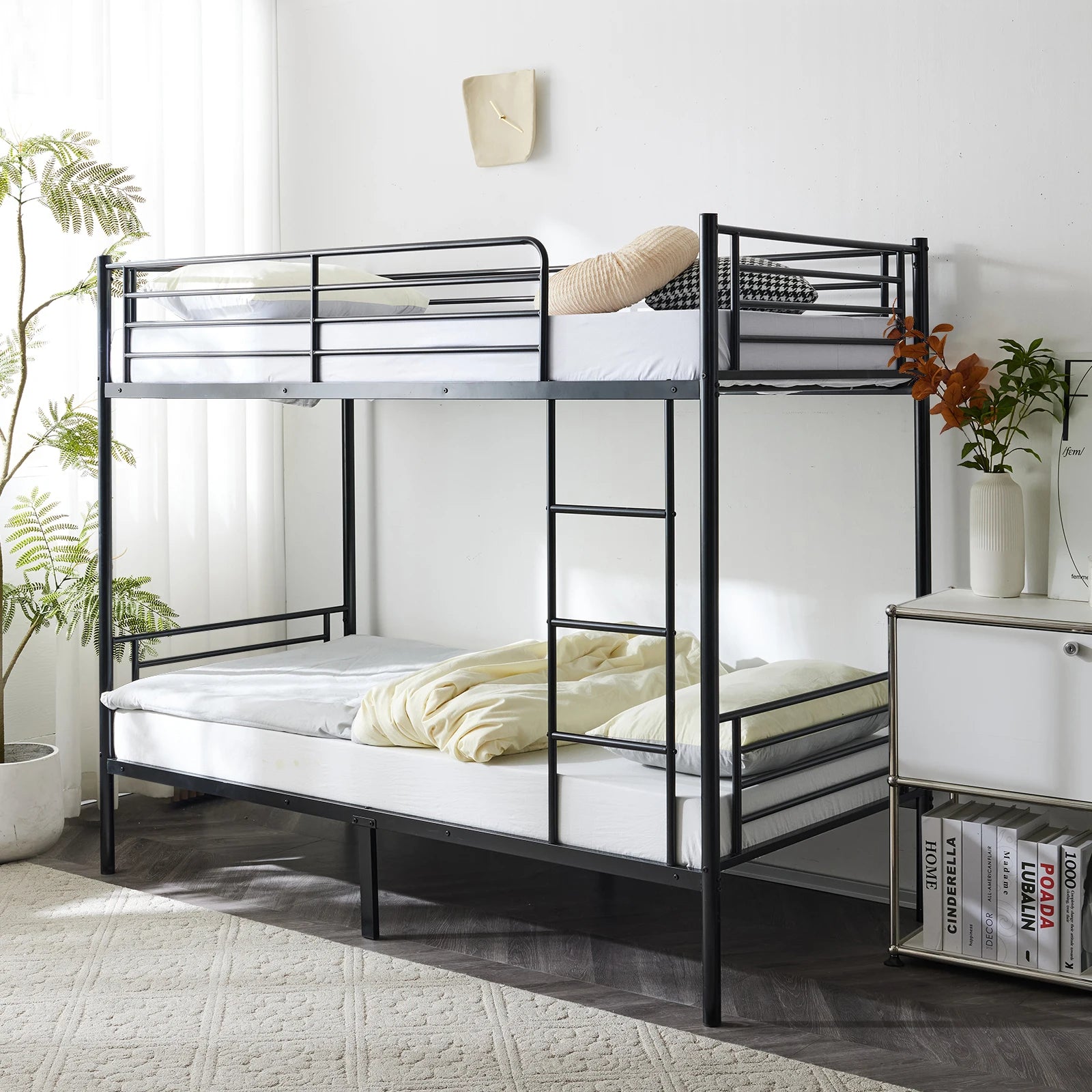 Kids Twin Size Black Iron Bunk Bed with Ladder - Space-Saving, Sturdy Design Bedstead for Children