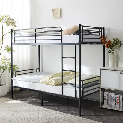 Kids Twin Size Black Iron Bunk Bed with Ladder - Space-Saving, Sturdy Design Bedstead for Children