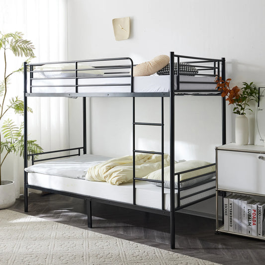 Kids Twin Size Black Iron Bunk Bed with Ladder - Space-Saving, Sturdy Design Bedstead for Children