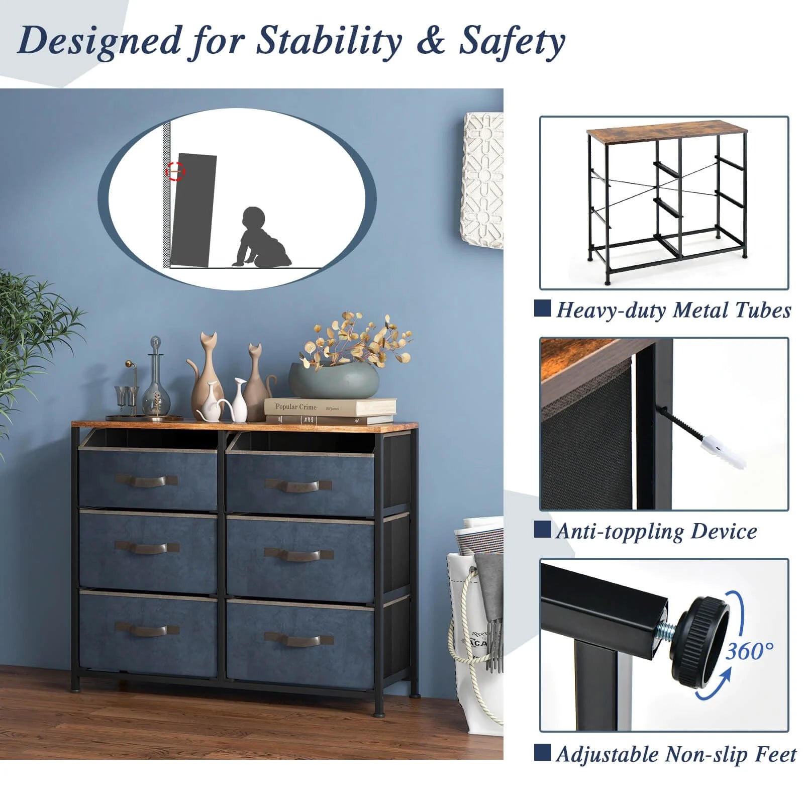 6-Drawer Dresser with Metal Frame and Anti-Toppling Devices