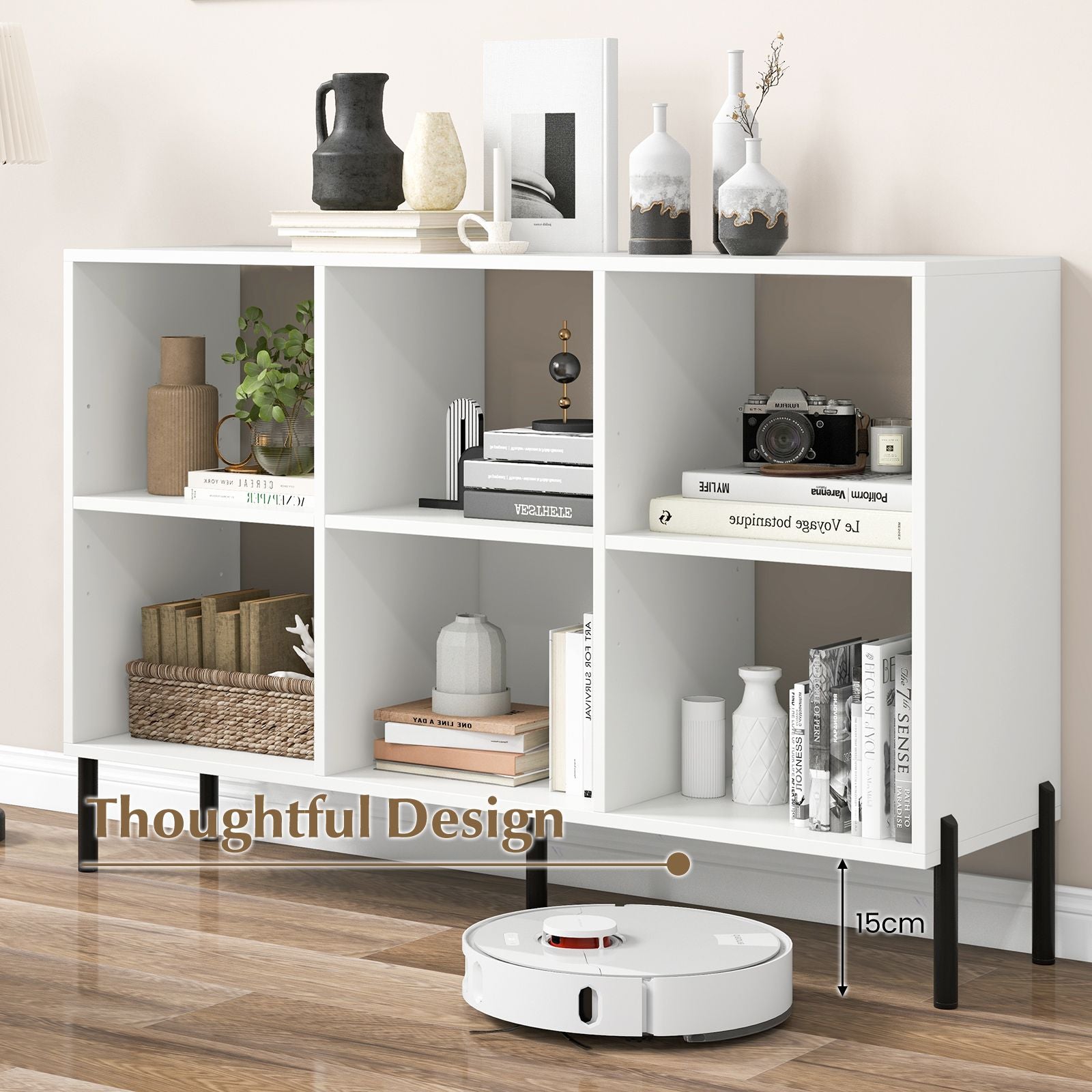 6-Cube Storage Bookcase Wooden Open Bookshelf with 5 Metal Legs