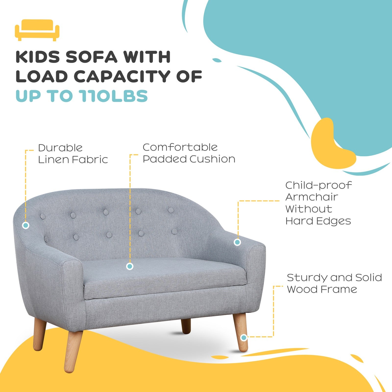 HOMCOM Kids Sofa Children Couch Toddler Armchair Seat Bedroom Nursery Grey
