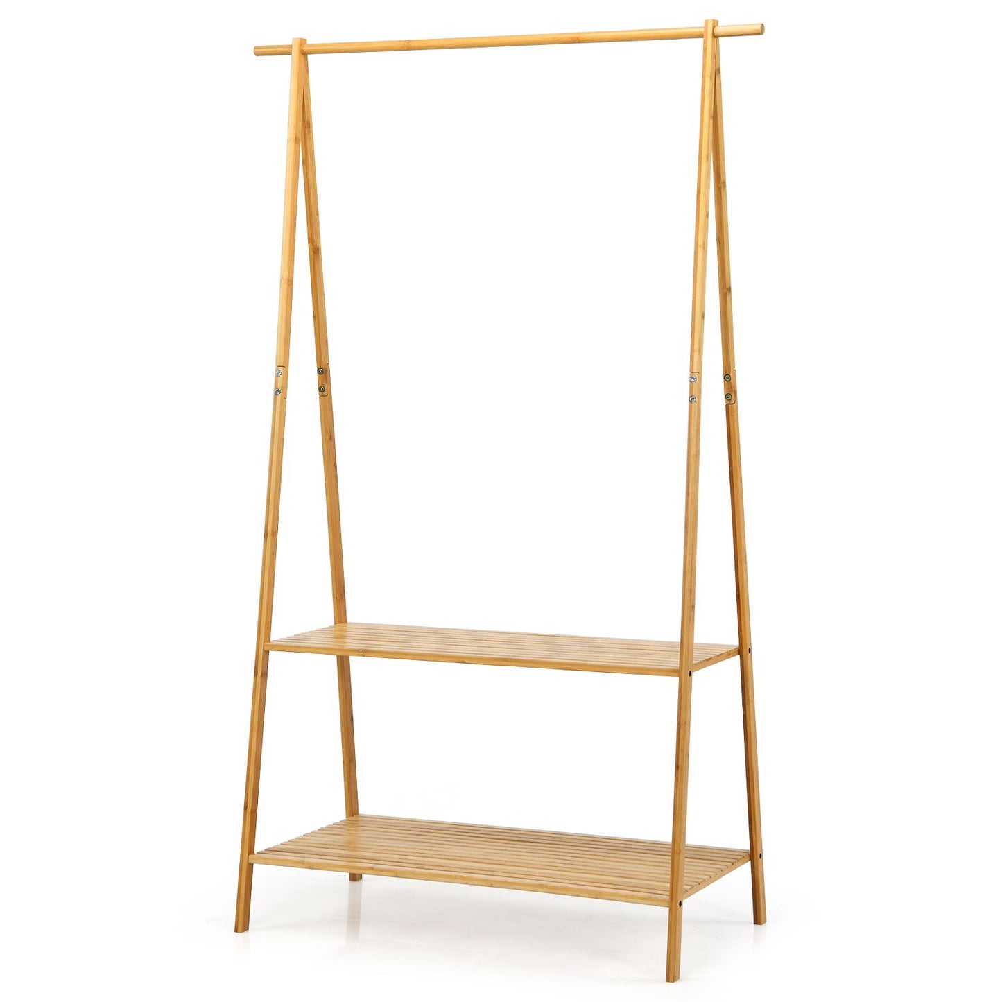 Bamboo Garment Rack with Hanging Rod 2 Shelves and Hooks