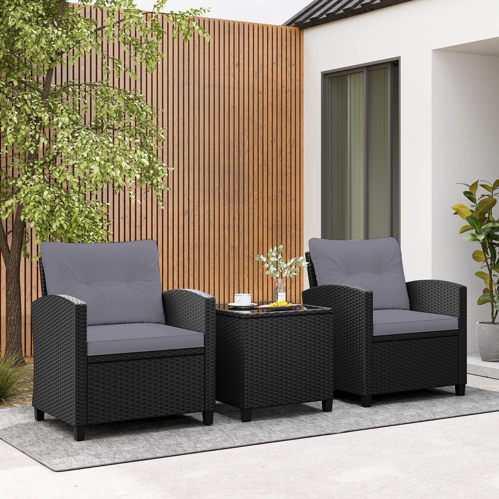 3 Piece Patio Furniture Set Rattan Conversation Set with Seat and Back Cushions