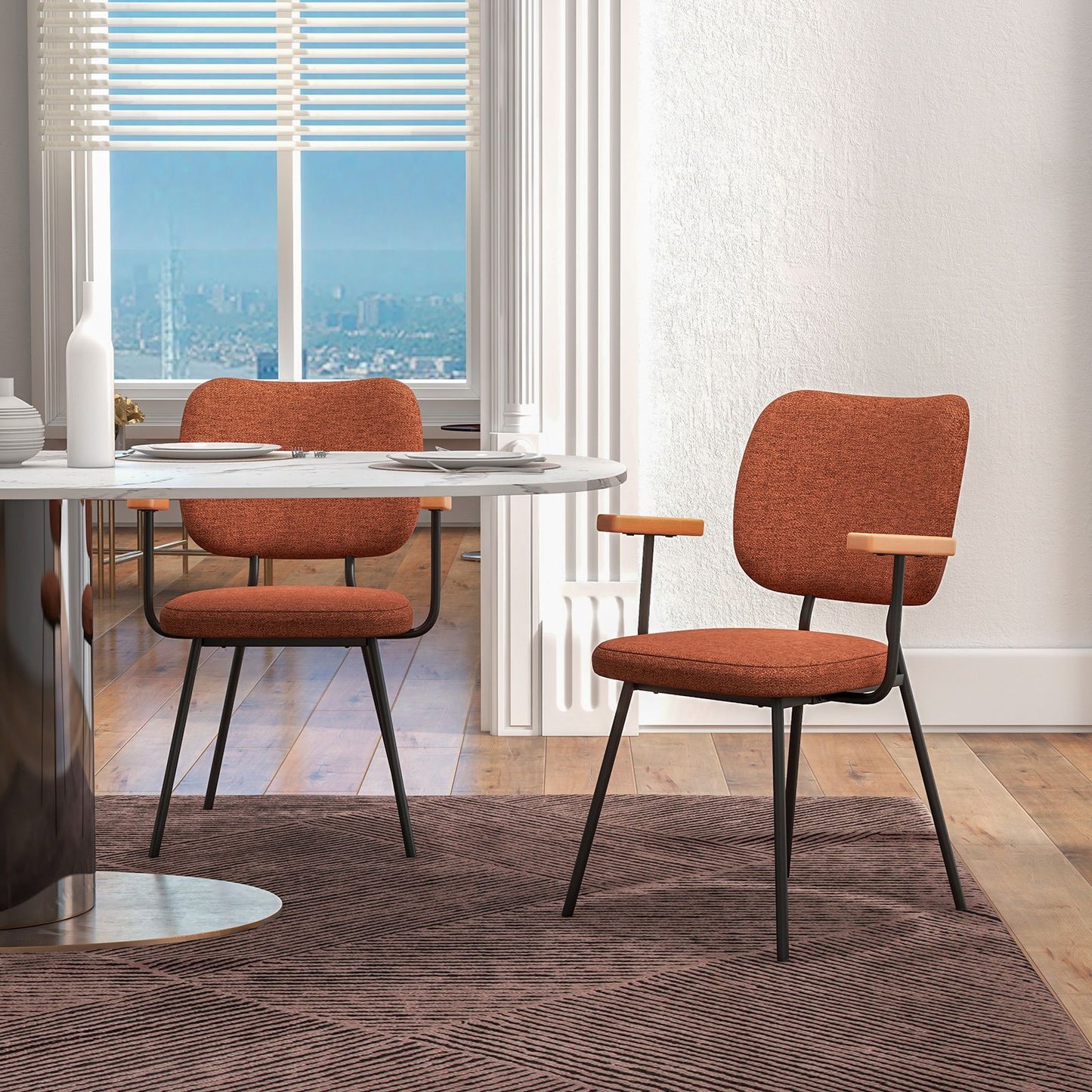 Set of 2 Linen Fabric Upholstered Dining Chairs with Curved Backrest