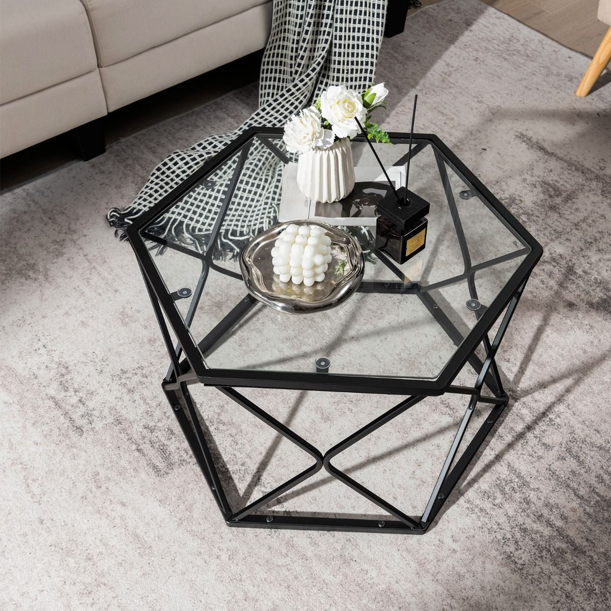 Modern Accent Geometric Glass Coffee Table with Solid Metal Frame