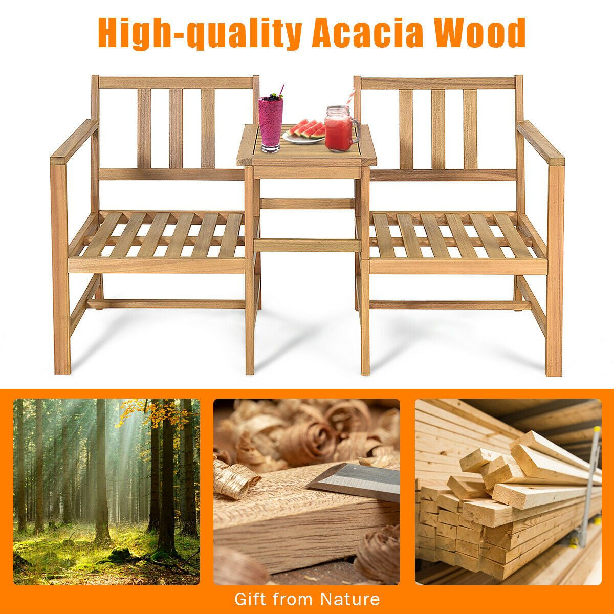 3 Piece Wooden Table and Chair Set with Cushions for Outdoor