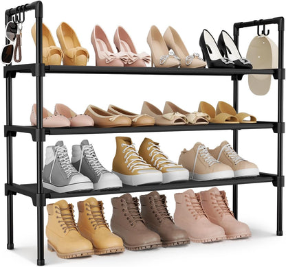 3-Tier Shoe Rack - Organizer with 5 Hooks, Long Shelf Storage for Shoes & Boots - Stackable, Free Standing - Entryway, Garage, Small Spaces, Dorm - Black