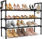 3-Tier Shoe Rack - Organizer with 5 Hooks, Long Shelf Storage for Shoes & Boots - Stackable, Free Standing - Entryway, Garage, Small Spaces, Dorm - Black